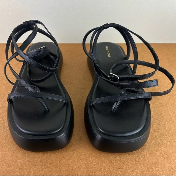NEW FREE PEOPLE BLACK LEATHER STRAPPY PLATFORM SANDALS - Picture 9 of 13